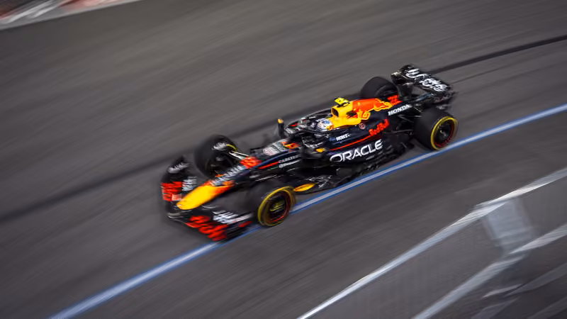 Max Verstappen's Red Bull at speed on the Las Vegas Strip Circuit during the 2025 Grand Prix